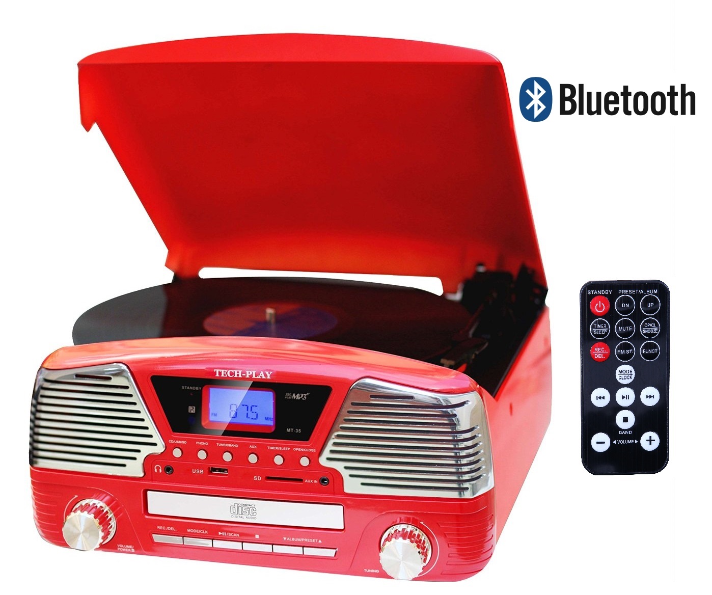 TechPlay ODC35BT RED. With Bluetooth, 3 Speed Turntable Programm